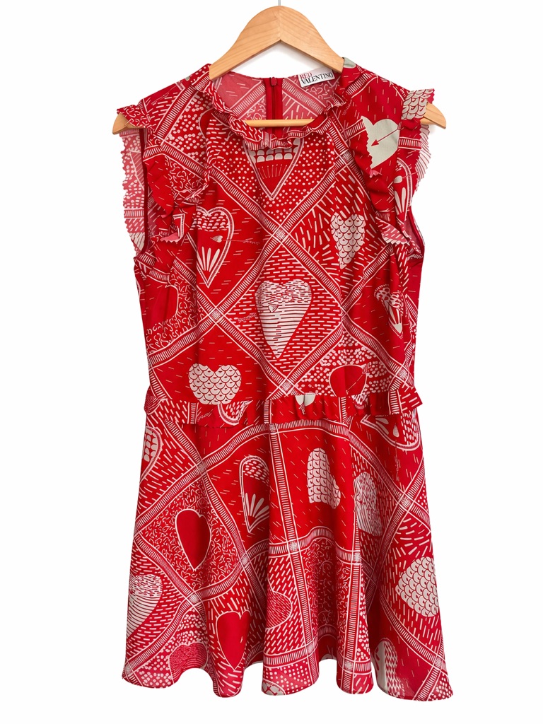 Red Valentino Heart Print Ruffle Dress Flutter Sleeve Drop Waist Designer